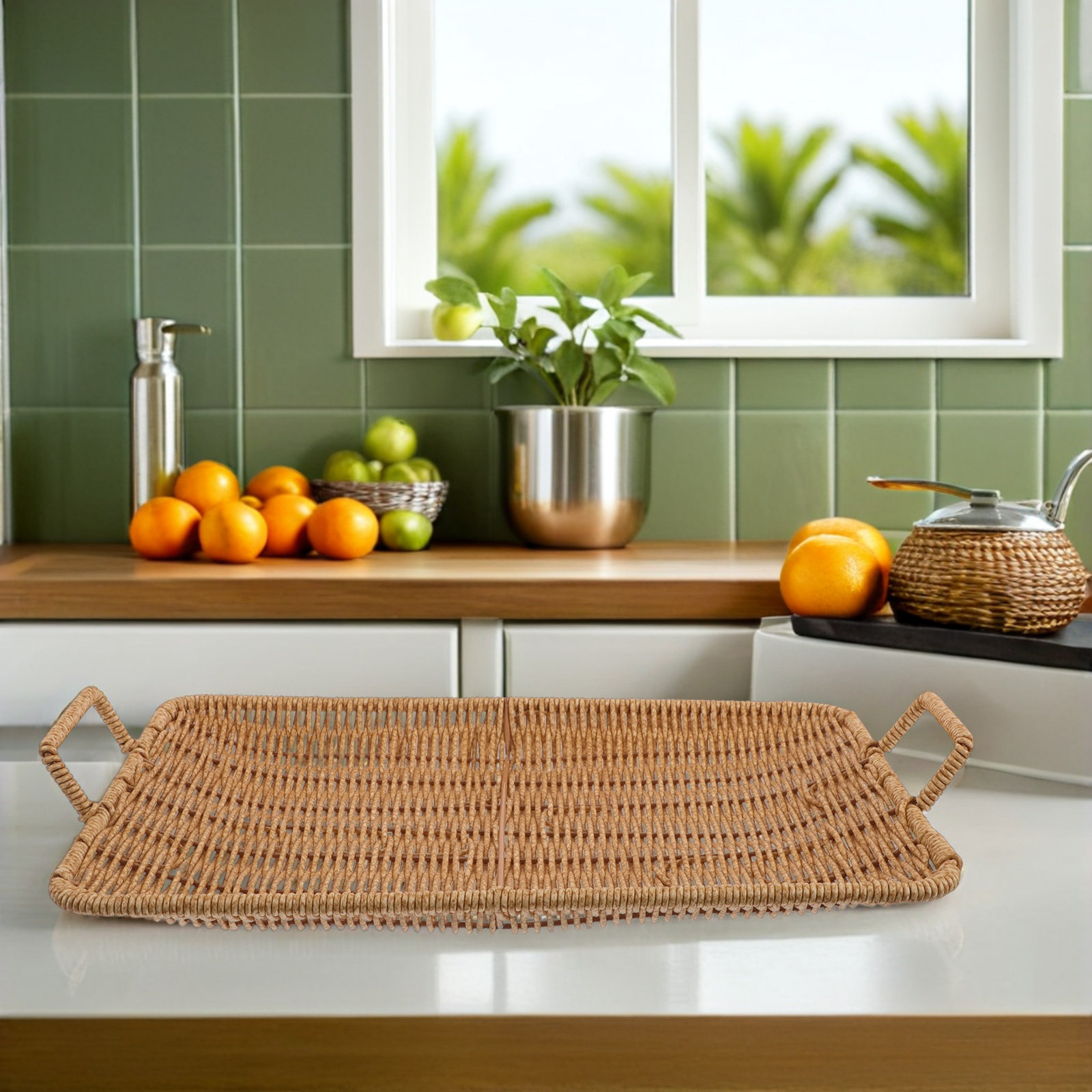 Rattan Tray Handle - صينية راتان مستطيلة صغيرة بمقابض، سلة
