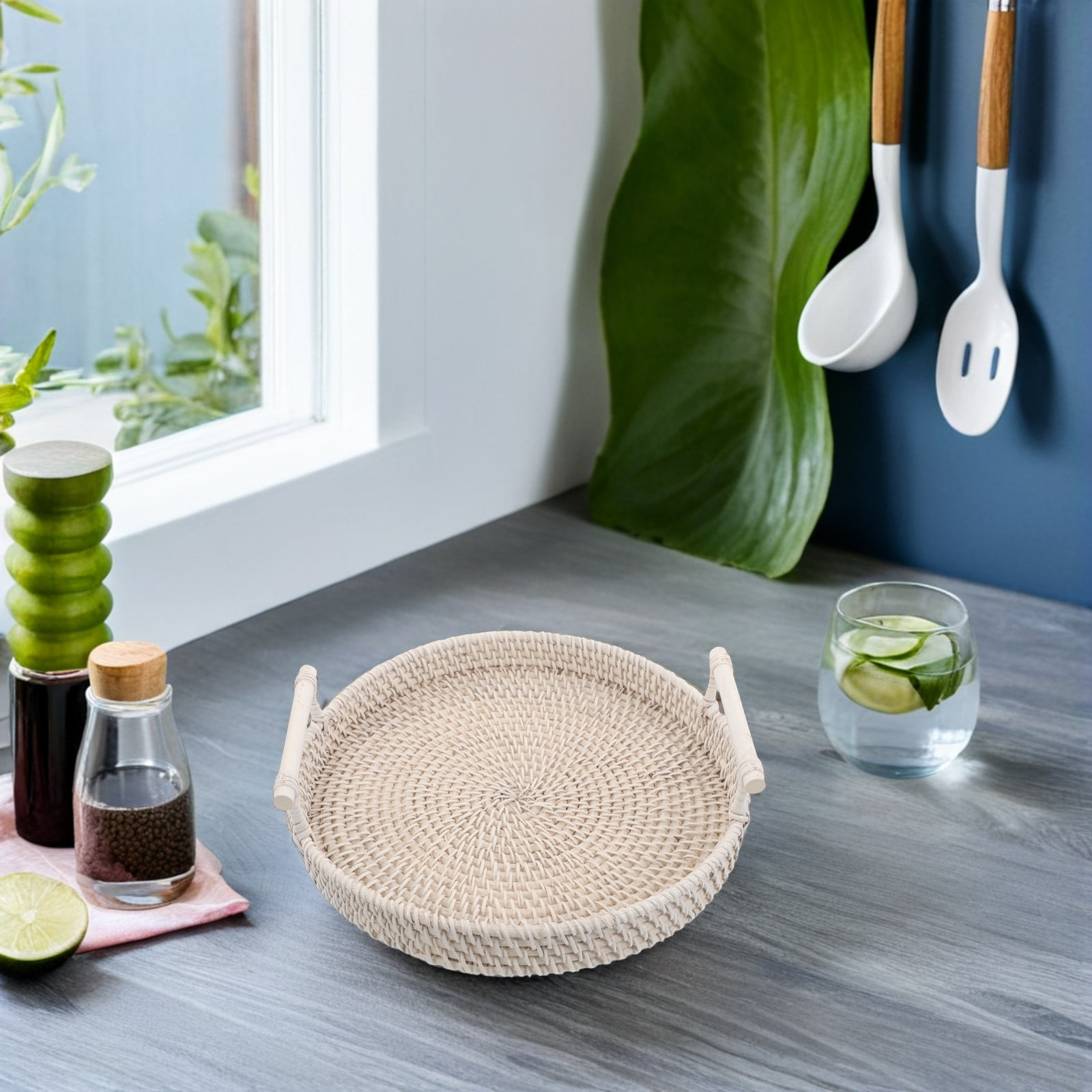 Rattan Tray Handle - صينية تقديم دائرية من الخيزران المنسوج
